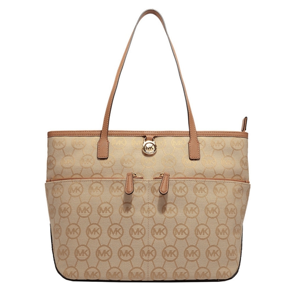 New! MICHAEL KORS MK Logo Monogram Medium Tote Handbag Bag Purse Beige Camel Tan